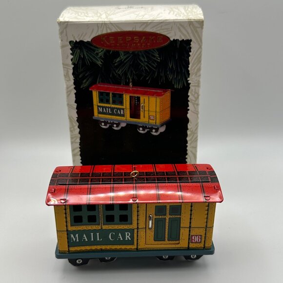 Hallmark Keepsake Yuletide Central pressed tin 1996 mail car in box Ornament - Picture 2 of 8